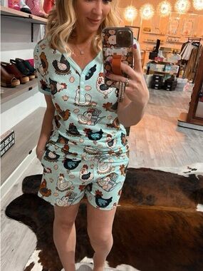 Women's Mint Chicken-Print Short Pajama Set by